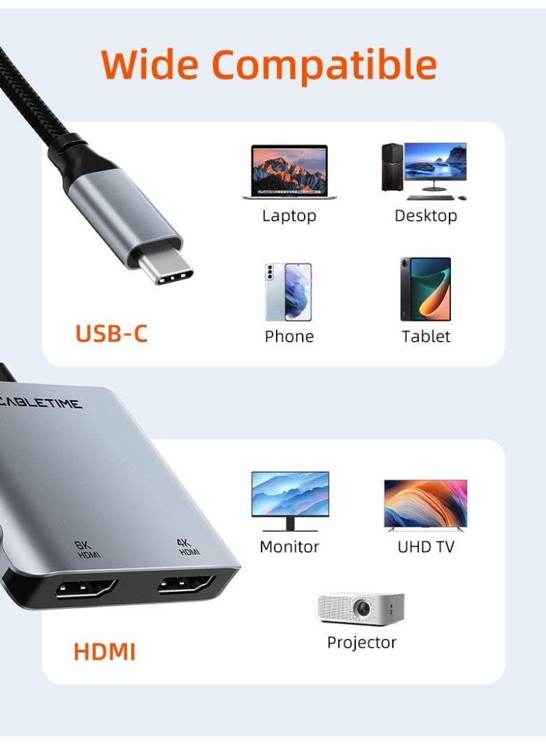 كابل تايم موزع كابل تايم 8K USB-C إلى منفذي HDMI، يدعم تقنية MST - Image 2